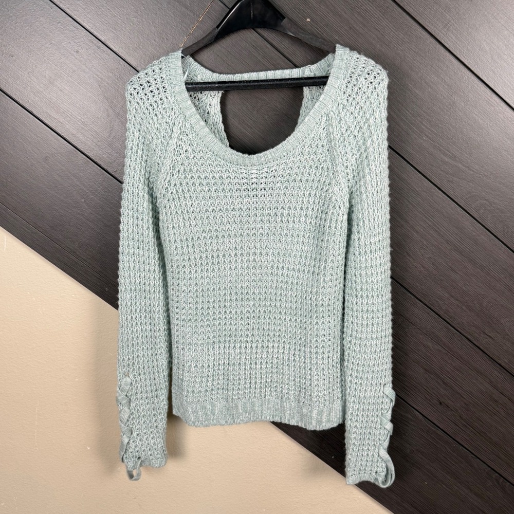 American Rag Cie Women's Esther Open Knit Lace Up Sleeve Sweater Small Mint NWT